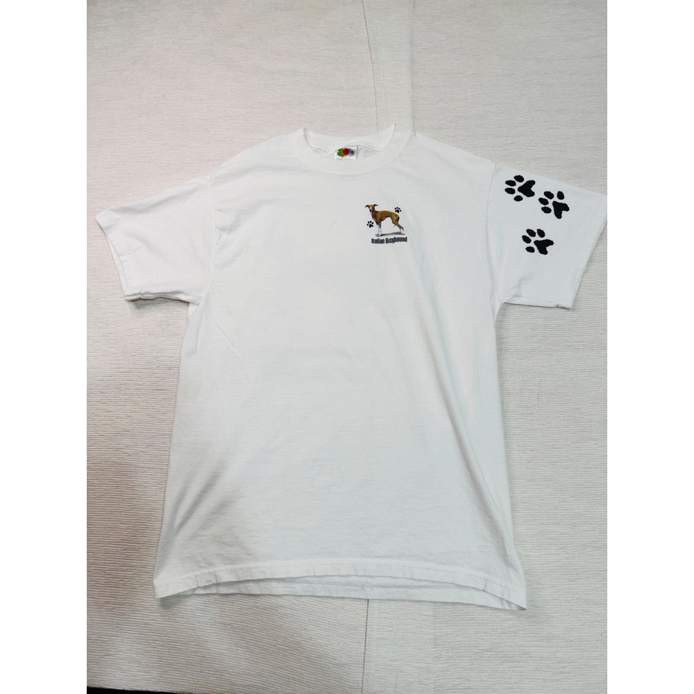 Y2K Italian Greyhound T Shirt M Fruit Loom Dog Paw Print Double Sided Graphic
